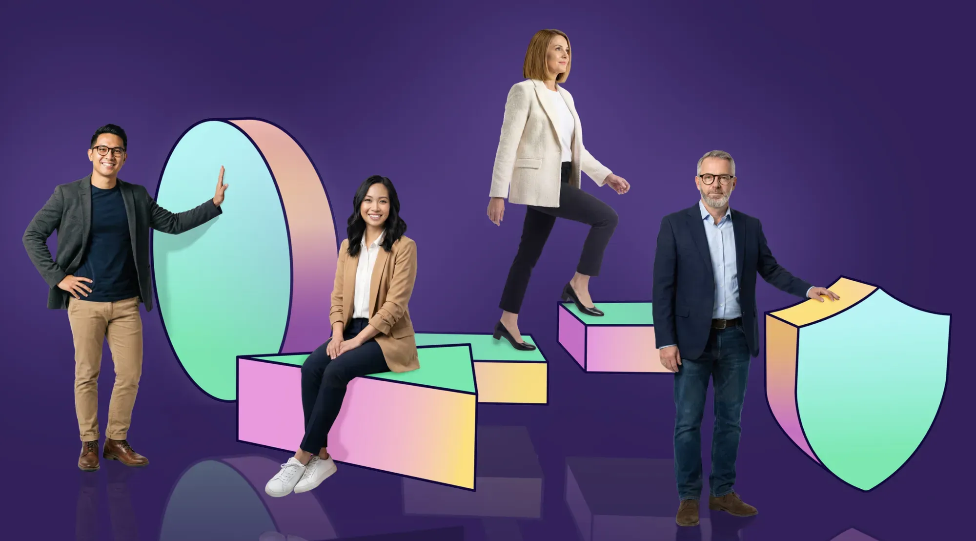 A group of four professionally dressed adults interacting with colourful geometric shapes on a purple background; one man stands beside a large oval shape, a woman sits on a block, another woman steps up across platforms, and a man stands next to a shield-shaped object.